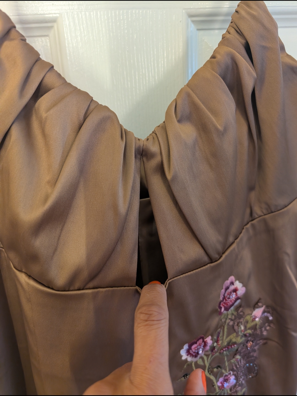Brown Satin Midi Slip Dress with Pink Floral Embroidery - Picture 2 of 10